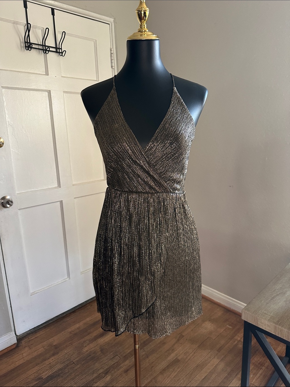 Express Metallic Bronze Pleated Wrap-Front Mini Dress